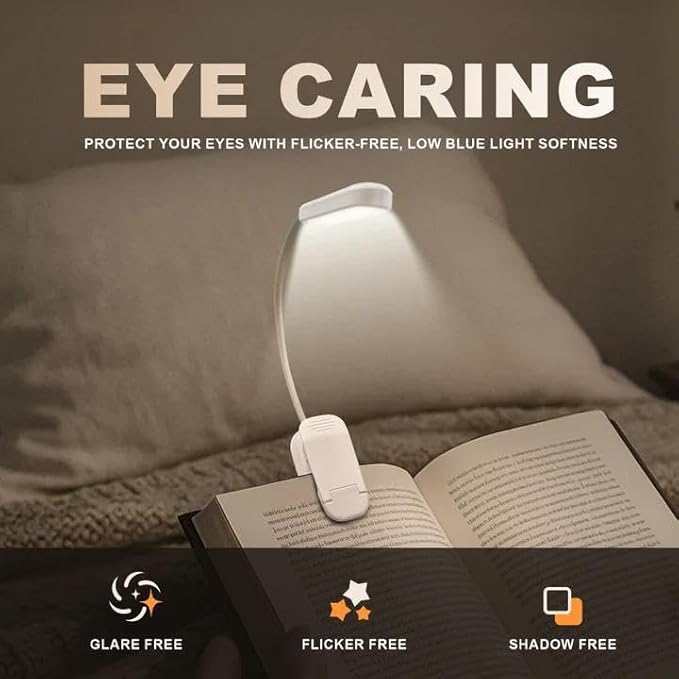 Rechargeable 20 LED Book Lights for Reading at Night - Energy Saving with Extended 60Hrs Runtime, 15-Level Stepless Dimming, Flexible Lightweight Clip on Light for Studying, Travel, White