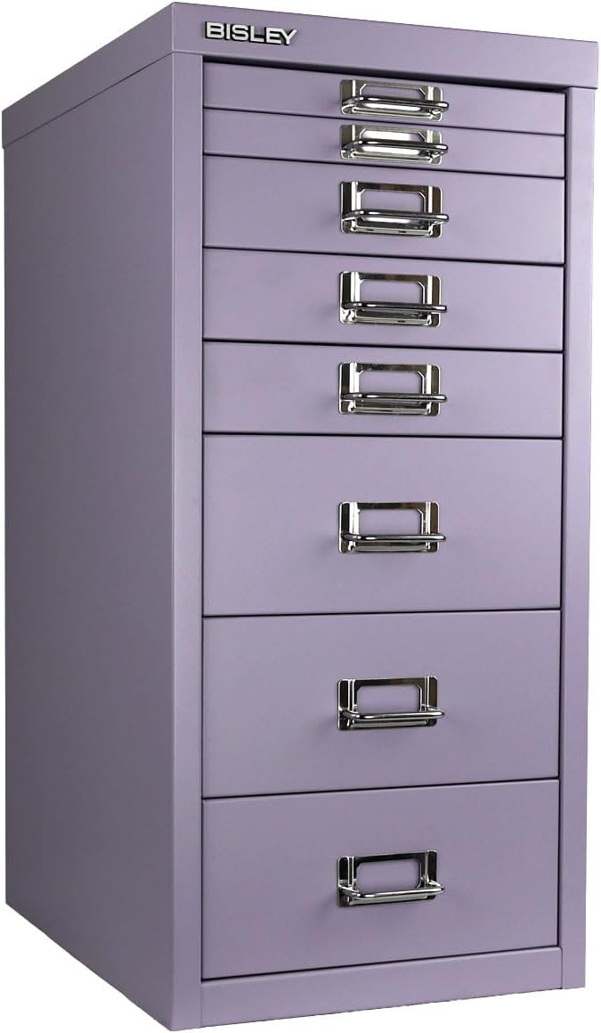 Bisley 8-Drawer Steel MultiDrawer Cabinet - Lilac, Chrome Pull Handles with Label Holders, Powder-Coated Steel, Removable Drawers, Fits Under Most Desks, Labels Included