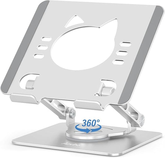 Aoviho Tablet Stand 360° Rotating Aluminum Holder, Adjustable, Portable and Foldable Monitors Stand for iPads, Compatible with 4-12.9" Tablets, Silver