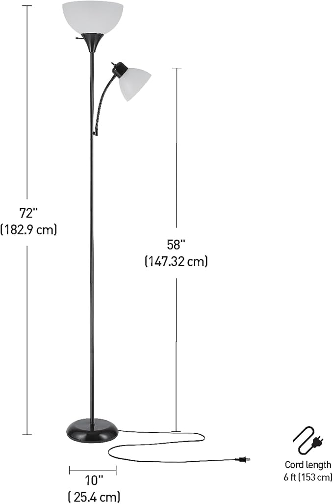 Globe Electric 67135 72" Floor Lamp with Adjustable Reading Light, Bright, Easy-to-Assemble Torchiere for Bedroom, Living Room & Office - Space-Saving Slim Design