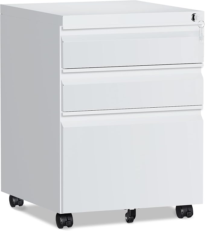 RAVIGIN 3 Drawer File Cabinet，Mobile Filing Cabinet with Lock and Wheels，Fully Assembled Metal Under Desk File Cabinets for A4/Letter/Legal Size（White