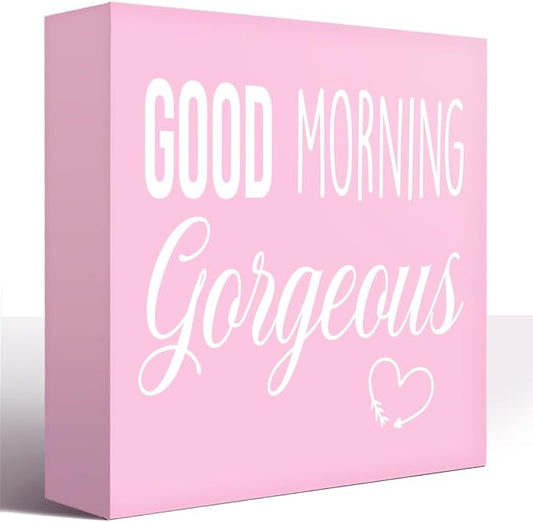 LVQHI Pink Decor For Desk, Good Morning Gorgeous Sign Wood Box,Inspirational Desk Decor For Women, Small Motivational Home Bedroom Table Accessories Decoration Signs 5"x5"x1.2" In