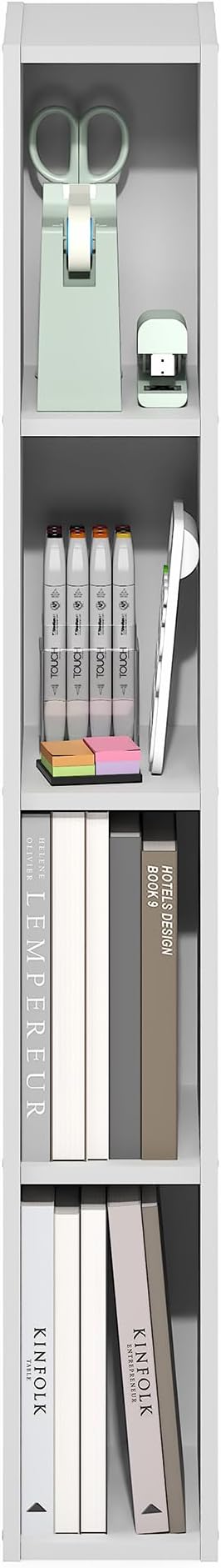 Furinno Fulda Book Shelf, 4-Tier Narrow Bookshelf, Standing Bookcase with 6-in Width Storage Shelf, 9.3 x 5.9 x 41.6, for Organization and Storage, for Living Room, Bedroom, Home Office, White