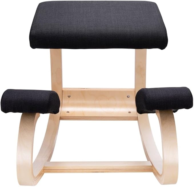 Desky Ergonomic Black Kneeling Chair – Adjustable Wooden Frame with Cushioned Seat and Knee Pads, Natural Finish, Home Office & Study Support