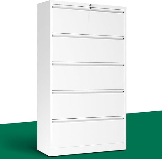 5 Drawer Lateral File Cabinet with Lock, File Cabinets for Home Office Legal/Letter A4 Size, File Cabinet Storage Cabinet, Require Assembly, White