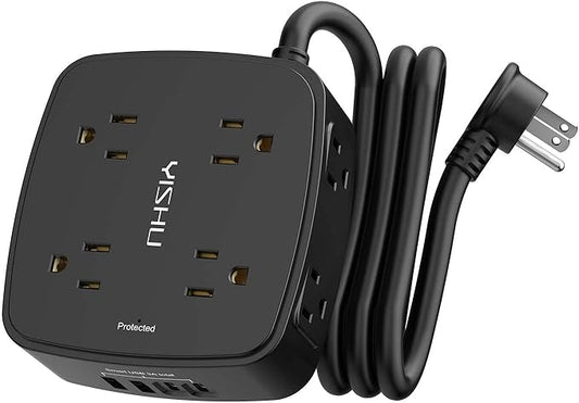 5Ft Surge Protector Power Strip - 8 Widely Outlets with 4 USB Ports, 3 Side Outlet Extender with 5 Feet Extension Cord, Flat Plug, Wall Mount, Desk USB Charging Station, ETL,Black