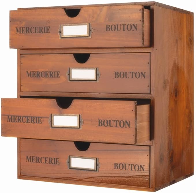 Wooden Storage Box with Drawers Vintage Office Supplies and Accessories Letter Tray Wood Desktop File Organizer 4 Tier Paper Sorter School Supply Holder Rustic Jewelry Box (LARGE BROWN)