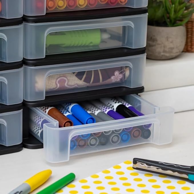 Set of 2 Compact 4-Drawer Plastic Desktop Organizers, Small Storage Drawers for Office Supplies Craft Tools Accessories, 8.38x6.75x8.88 Inches, Stackable Black Mini Drawer Units, Smooth Glide Drawers