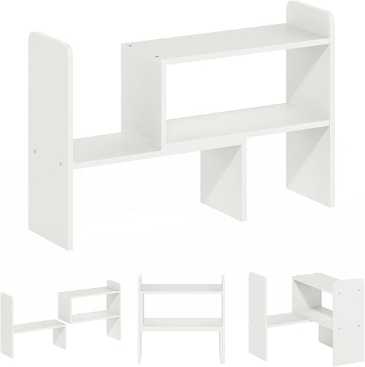 Furinno Classic Desk Organizers and Hutch, Open Shelf Expandable Office Organization, Adjustable Desk Top Display Book Shelf, for Paper, Office Supplies, White