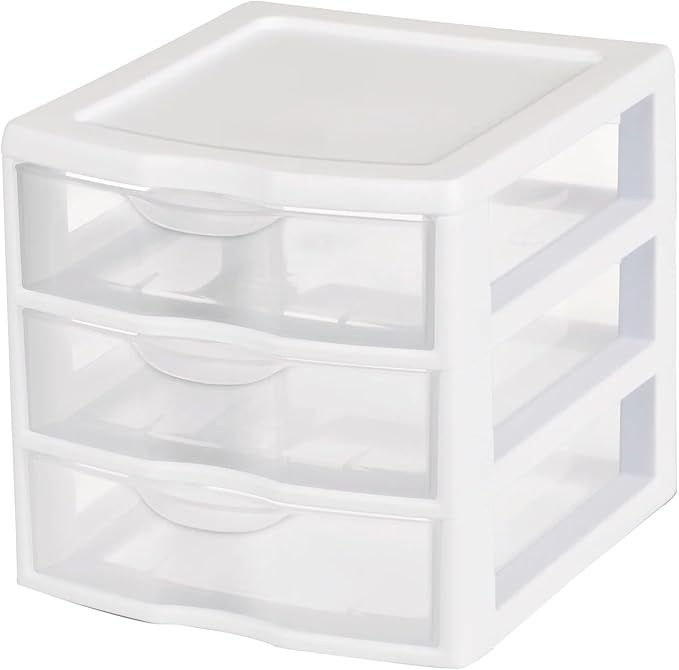 Small 3 Drawer Unit, Clear Plastic Countertop or Desktop Drawers, White