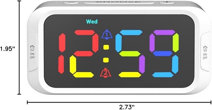 Odokee Dual Colorful Alarm Clock for Kids Bedroom - 0-100% Dimmer, 5 Alarm Sounds, USB Charger, Easy to Set, Weekday/Weekend Mode, Snooze, 12/24Hr, Battery Backup, Digital Clock for Teens Boys Bedside