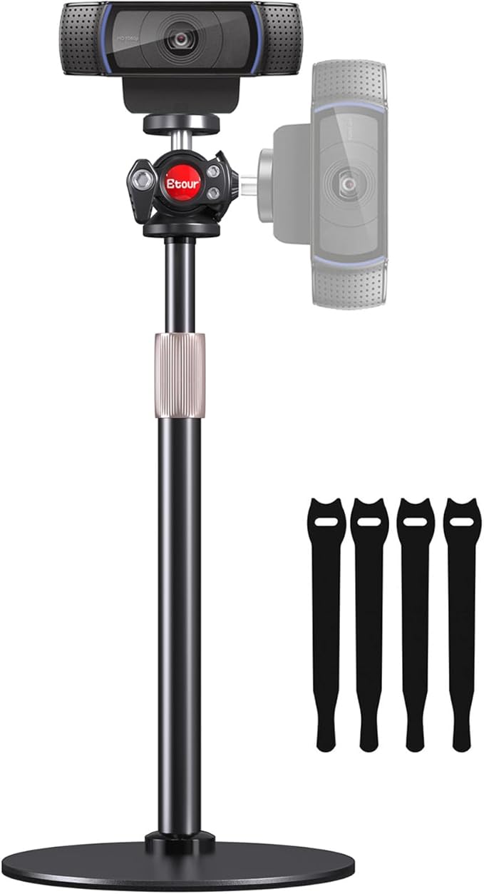 Webcam Tripod Stand for Desk, Newly Upgraded Small Base & 360° Ballhead & Height Adjustable, Ideal for Logitech Webcam C922 C930e C920 C615 C960 BRIO 4K NexiGo N60, Phone Holder with 1/4" Thread