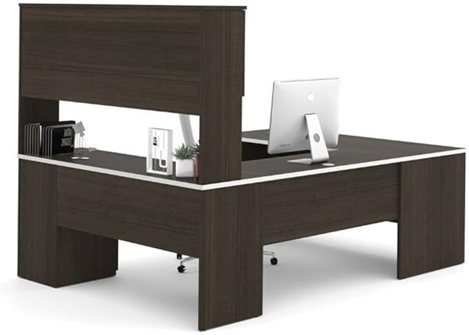 Pemberly Row U-Shaped Computer Desk, Dark Chocolate Finish, 93.6 in x 65 in x 65.9 in, Durable Melamine Surface, Hutch Storage, Lockable File Drawer, Keyboard Tray, Reversible Office Desk