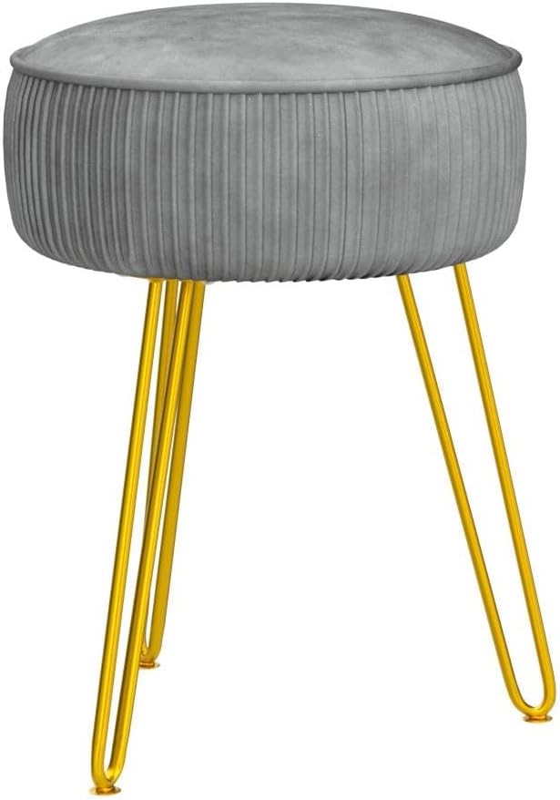 LUE BONA Pleated Vanity Stool, Velvet Upholstered Vanity Stool for Makeup Room, Round Mondern Stool for Vanity, Ottoman Footrest Stool with Metal Legs for Living Room, Bedroom, Light Gray