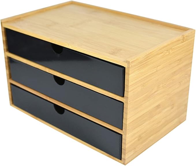 WAYUTO 3-Tier Bamboo Desktop Organizer Simple Wooden Tabletop Storage Organization Box Multi-Scene Drawer Units for Home Bathroom Office Black 3-Drawer