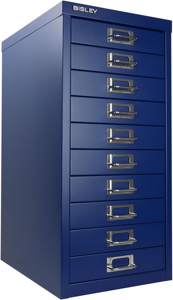 Bisley 10-Drawer Steel MultiDrawer Cabinet - Oxford Blue, Chrome Pull Handles with Label Holders, Powder-Coated Steel, Removable Drawers, Fits Under Most Desks, Labels Included