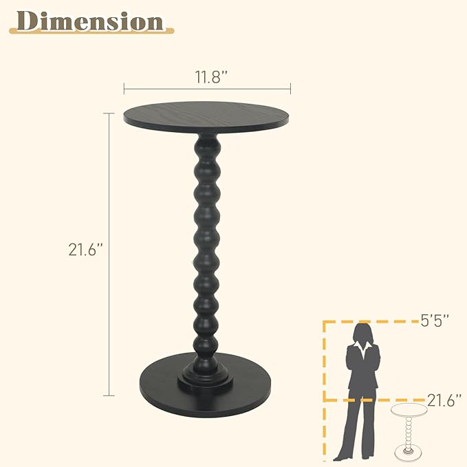 Fultyle Round Side Table, Small Drink Table for Small Spaces, Modern Accent End Table Nightstand with Solid Wood Leg for Living Room, Bedroom, Corners, and Office (Black)