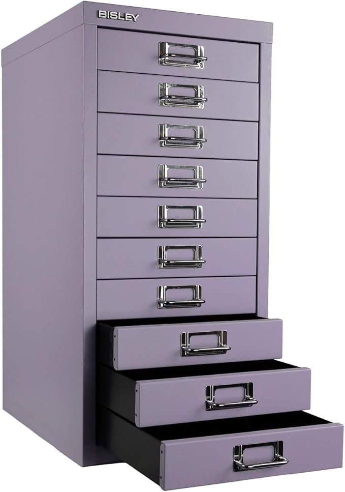 Bisley 10-Drawer Steel MultiDrawer Cabinet - Lilac, Chrome Pull Handles with Label Holders, Powder-Coated Steel, Removable Drawers, Fits Under Most Desks, Labels Included