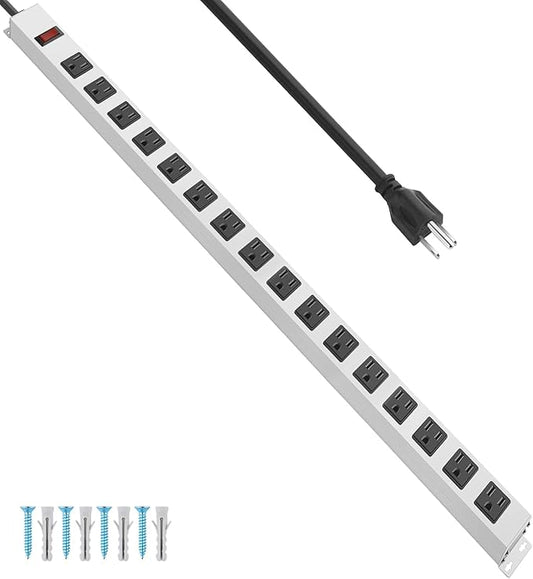 JUNNUJ Metal 16 Outlet Power Strip, Mountable Heavy Duty Power Strip, 1200J Surge Protector Wall Mount Screws Outlet with Switch, Gaming Desk Strips Wide Spaced 15A 125V 1875W, 15 FT 14AWG Power Cord