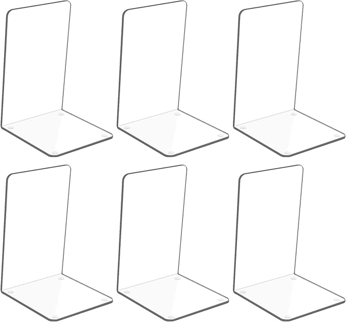 Adwikoso Clear Acrylic Book Ends, 6 Pcs Bookends for Shelves, Non-Slip Book Holder Stand, Decorative Book Stoppers for Heavy Duty Books Office Desktop Organizer