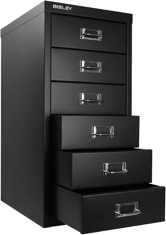Bisley 6-Drawer Steel MultiDrawer Cabinet - Black, Chrome Pull Handles with Label Holders, Powder-Coated Steel, Removable Drawers, Fits Under Most Desks, Labels Included