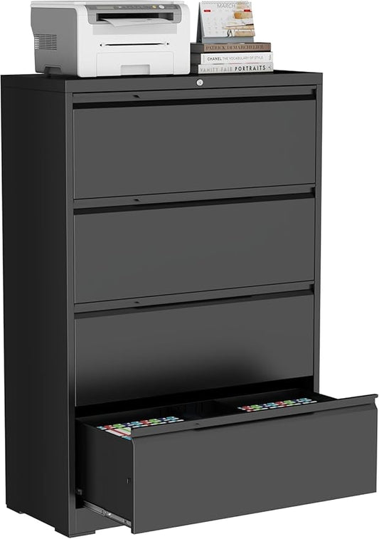 4-Drawer Metal File Cabinet with Lock,Steel Printer Stand with Storage for Home Office,Lateral Filing Cabinet for Legal/Letter/A4 Files,Assembly Required(35.43''W-4 Drawers,Black)