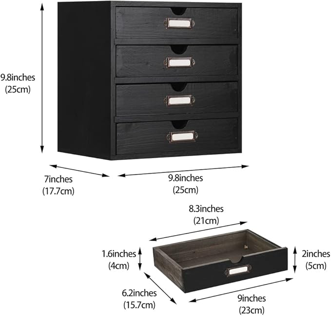 Wooden Storage Box Rustic Desktop Organizer with 4 Drawers Office Desk Accessories Shelf Small Craft Storage Containers Apothecary Cabinet and Chest Jewelry Holder for women(BLACK)