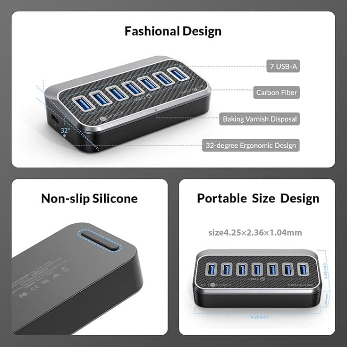 USB Hub, 7 USB Expander with 32° Ergonomic Design, USB Multiport for Laptop- 1.64ft