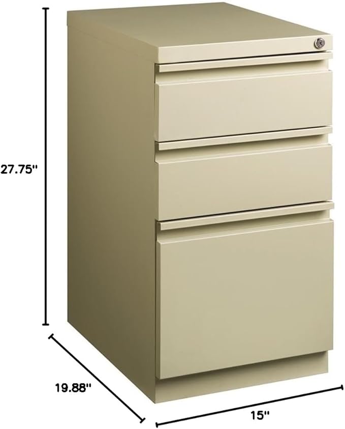 BOWERY HILL Mobile Pedestal Filing Cabinet, 20" Deep, Steel Construction, Putty/Beige Finish, 3-Drawer Box/Box/File Configuration, Lockable, Hidden Casters, Letter-Size Hanging File Storage