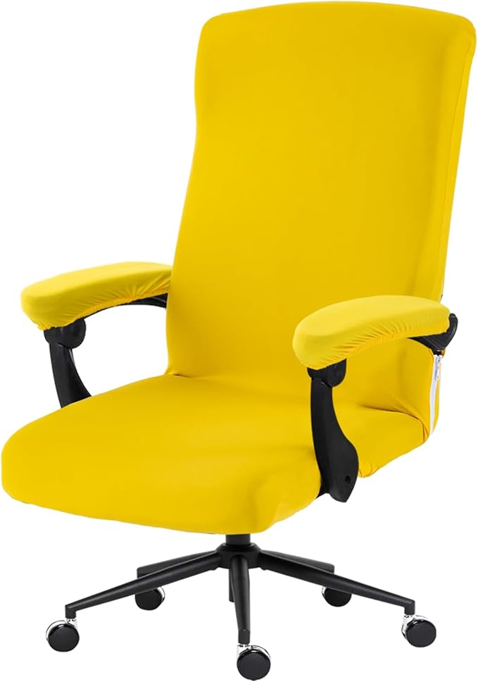 Stretch Computer Office Chair Cover with Armrest Covers Durable Zipper Universal Washable Removable Spandex Rotating Boss Chair Slipcovers Anti-dust Soft Desk Chair Seat Protector, Yellow