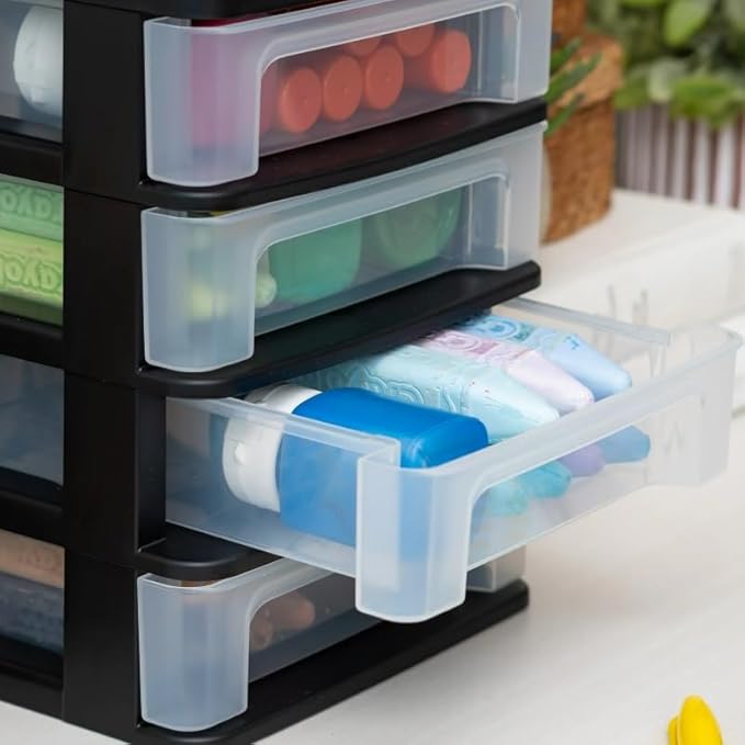 Set of 2 Compact 4-Drawer Plastic Desktop Organizers, Small Storage Drawers for Office Supplies Craft Tools Accessories, 8.38x6.75x8.88 Inches, Stackable Black Mini Drawer Units, Smooth Glide Drawers