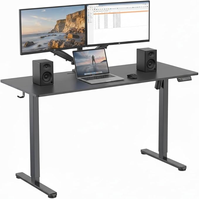 NSY Audio Electric Standing Desk 55x24 Inches - Height Adjustable, Whisper Quiet Motor, Walnut Top & Black Frame for Home Office Gaming, Focused Work, Black