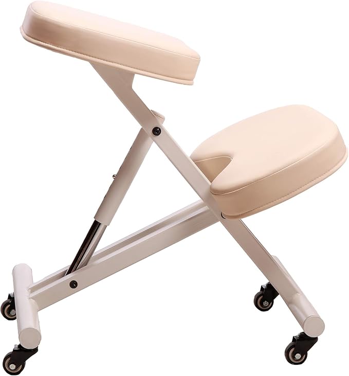 Massage Ergonomic Kneeling Chair, Adjustable Height Posture Stool for Home and Office - Neck and Back Pain Relieving | Spine Tension Relief- Thick Comfortable Cushions (Cream)