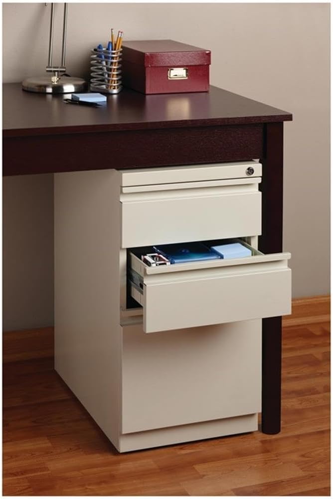BOWERY HILL Mobile Pedestal Filing Cabinet, 20" Deep, Steel Construction, Putty/Beige Finish, 3-Drawer Box/Box/File Configuration, Lockable, Hidden Casters, Letter-Size Hanging File Storage
