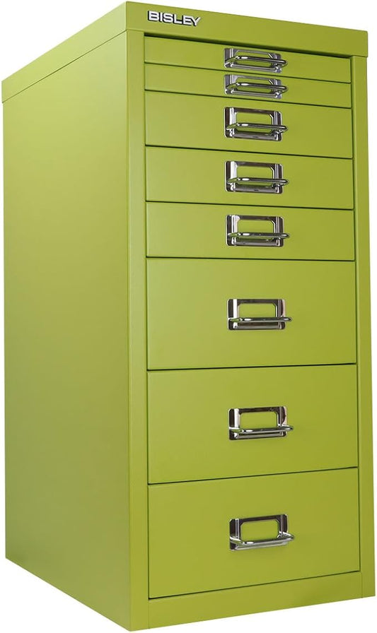8-Drawer Steel MultiDrawer Cabinet - Bisley Green, Chrome Pull Handles with Label Holders, Powder-Coated Steel, Removable Drawers, Fits Under Most Desks, Labels Included by Bisley