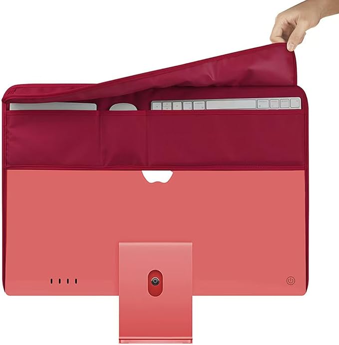 Monitor Dust Cover for iMac 24 inch PU Leather Anti-Static Dustproof Protective Case for LCD/LED/HD Panel Case Computer Sleeve Monitor Dust Cover with Rear Pocket (Red, 24inch)