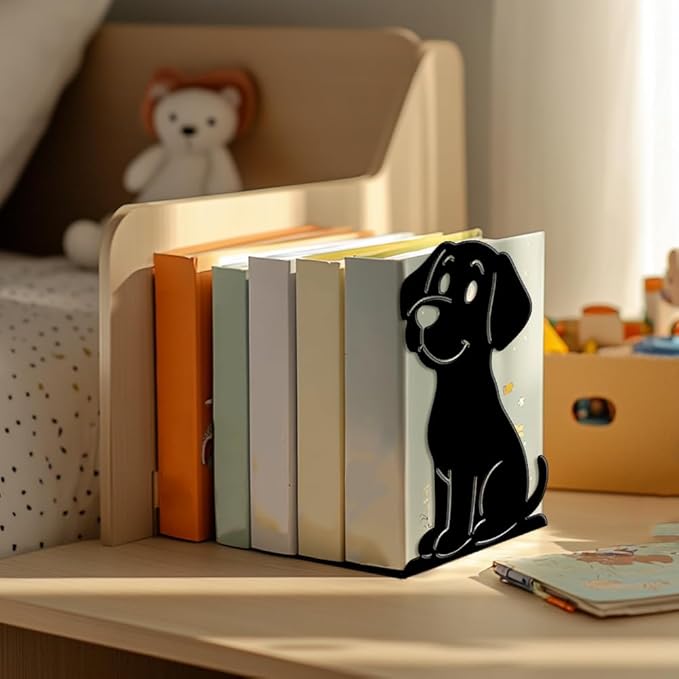Peacoblue Metal Bookends for Shelves, Modern Decorative Heavy Duty Study Book Ends Stoppers for Office, Desk, Shelf, Room 5.3"x4.3"x7.9" Cast Iron Simple Tall Bookends 1 Pair (Cartoon Dog)