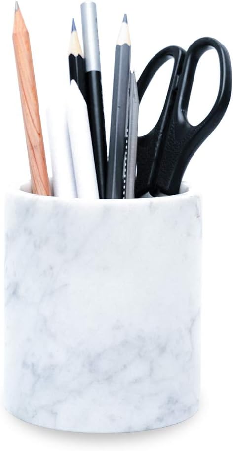 JIMEI Natural Marble Pencil Pen Holder Stand for Desk, Makeup Brush Cup for Girls, Bathroom Tumbler Cup, Durable Office & Home Organizer Pencil Holder (White)