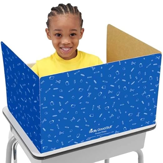 Really Good Stuff Large Privacy Shields for Student Desks – Set of 12 - Matte - Study Carrel Reduces Distractions - Keep Eyes from Wandering During Tests, Green with School Supplies Pattern