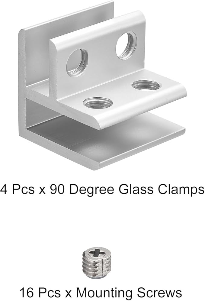 Uxcell 90 Degree Glass Clamp, 4pcs for 6-10mm Glass, Aluminum Alloy, Silver, Wall & Corner Mount
