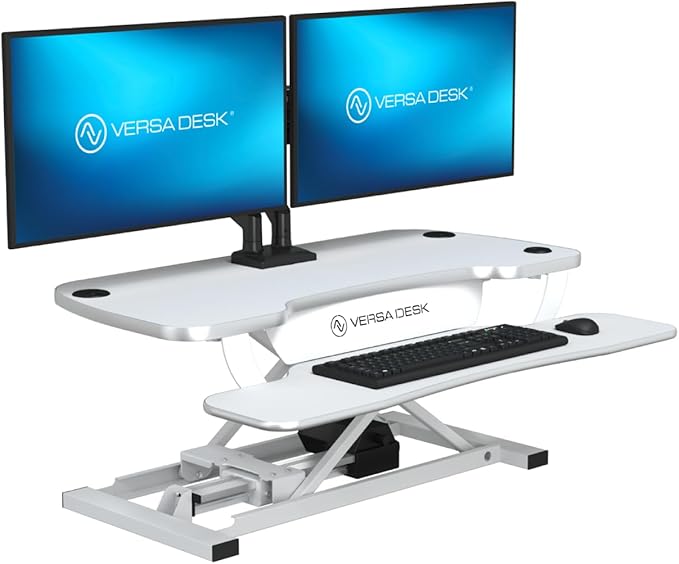 Power Pro Electric Height-Adjustable Desk Riser by VersaTables | USA Manufactured | Standing Desk Converter | Sit to Stand Desktop with Keyboard + Mouse Tray | 36"x 24" | White