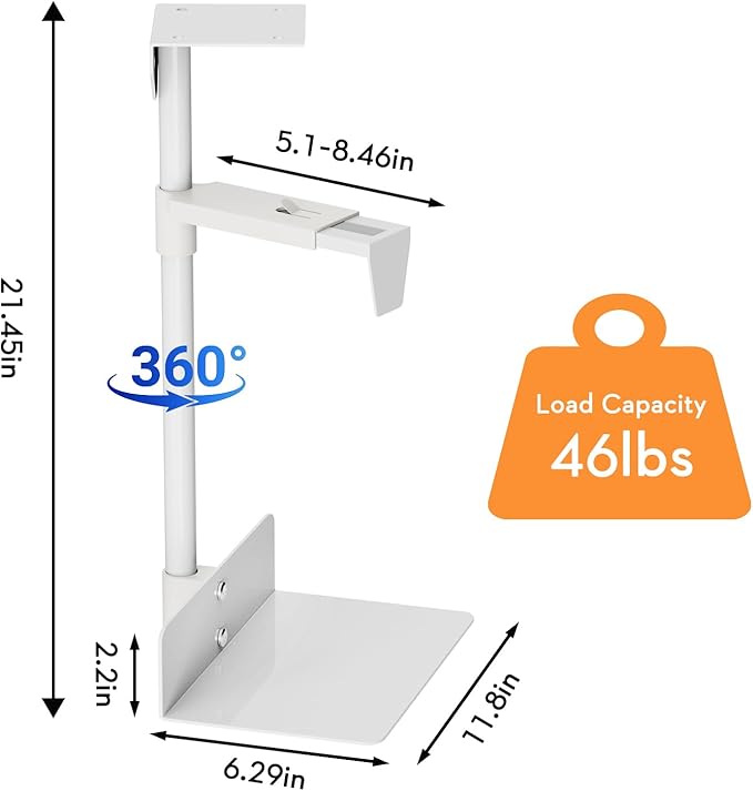 Under Desk and Wall Computer Mount, CPU Tower Holder Under Desk Mount Height & Width Adjustable, Computer Case Stand Holder Holds 46 lbs, 360° Swivel PC Mount, Under Desk CPU Holder Mount, White
