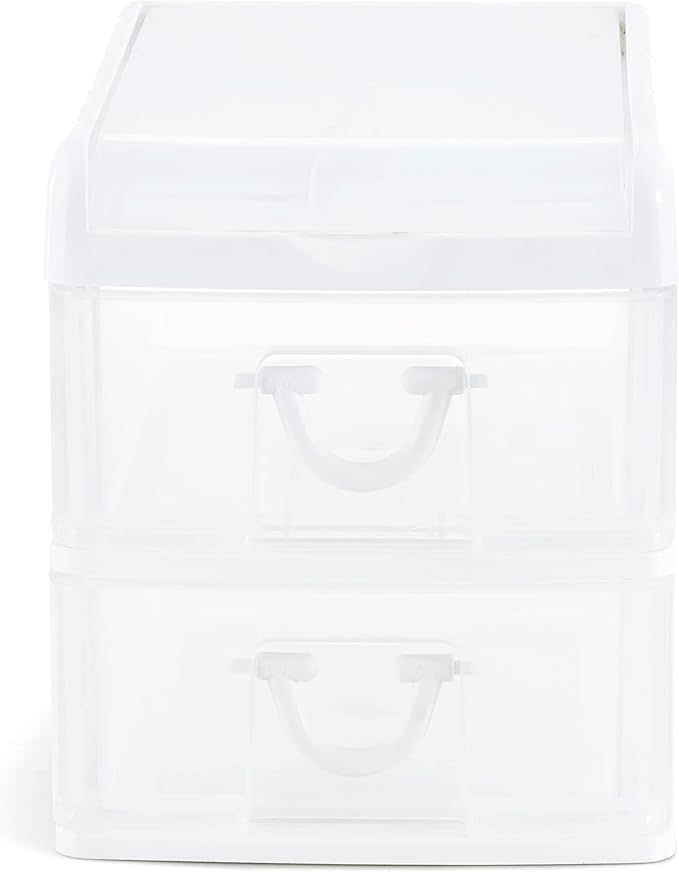 Gracious Living 2 Drawer Desktop & Countertop Organizer with Flip Top Lid for Office Supplies and School Supplies, White/Clear (2 Pack)