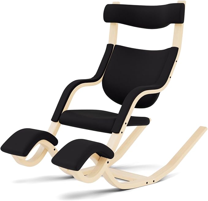 Varier Gravity Balans Recliner and Kneeling Chair Designed by Peter Opsvik, Relax Into Weightlessness, 10-Year Limited Warranty, Black Revive Fabric with Natural Ash Base