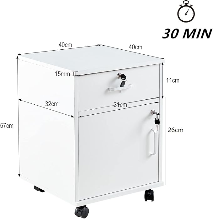OFCASA 2 Drawer File Cabinet with Lock, Small Rolling Filing Cabinets for Home Office, Wood Under Desk File Cabinet with Wheels, Mobile Storage Organizer, Printer Stand for Letter/Legal, White