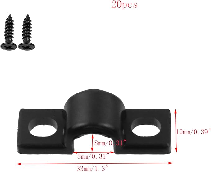 20pcs Wire Shelf Loop Clips Black Two Holes Pipe Tube 0.31" U Bracket Clamps 8MM Conduit Pipe Strap Clamps for Wire Cable Tube (Black, Fit for 8mm)