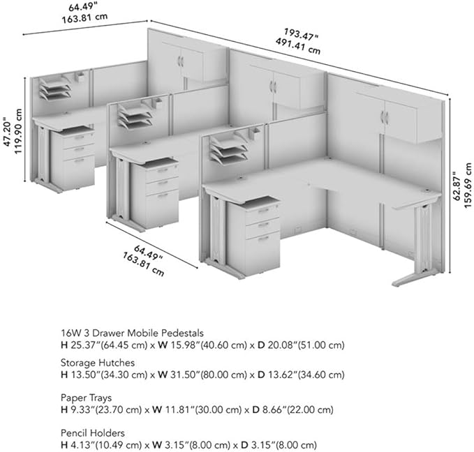 Bush Business Furniture Office in an Hour 3 Person L Shaped Cubicle Desks with Storage, Drawers, and Organizers in Pure White | Triple Workstation Set with Privacy Panels for Commercial Workspace
