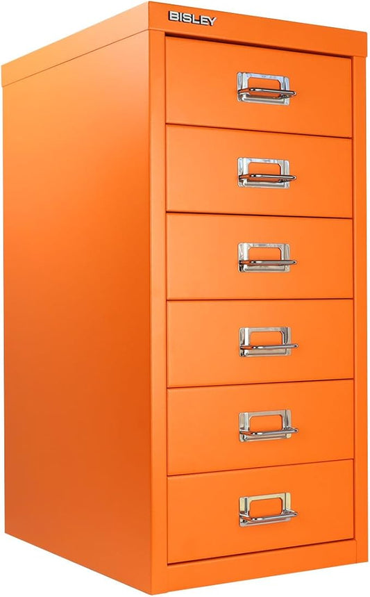 6-Drawer Steel MultiDrawer Cabinet - Bisley Orange, Chrome Pull Handles with Label Holders, Powder-Coated Steel, Removable Drawers, Fits Under Most Desks, Labels Included by Bisley