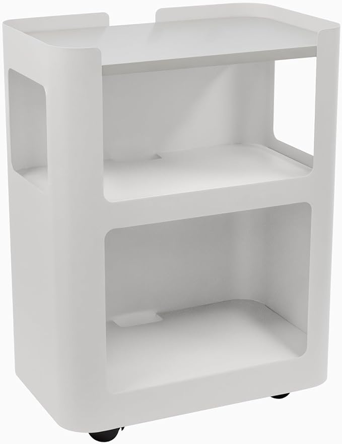 Desky Minimal Open Mobile Pedestal – 3-Tier Open Storage Cabinet with Hidden Swivel Casters and Integrated Cable Management, White Frame/White