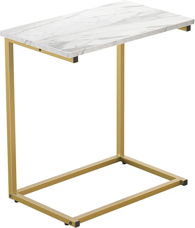 Pipishell C Shaped End Table 27 inches High, Side Table with Modern Marbling Wood Table Top for Couch Slide Under, C Table Sofa Side End Table for Living Room